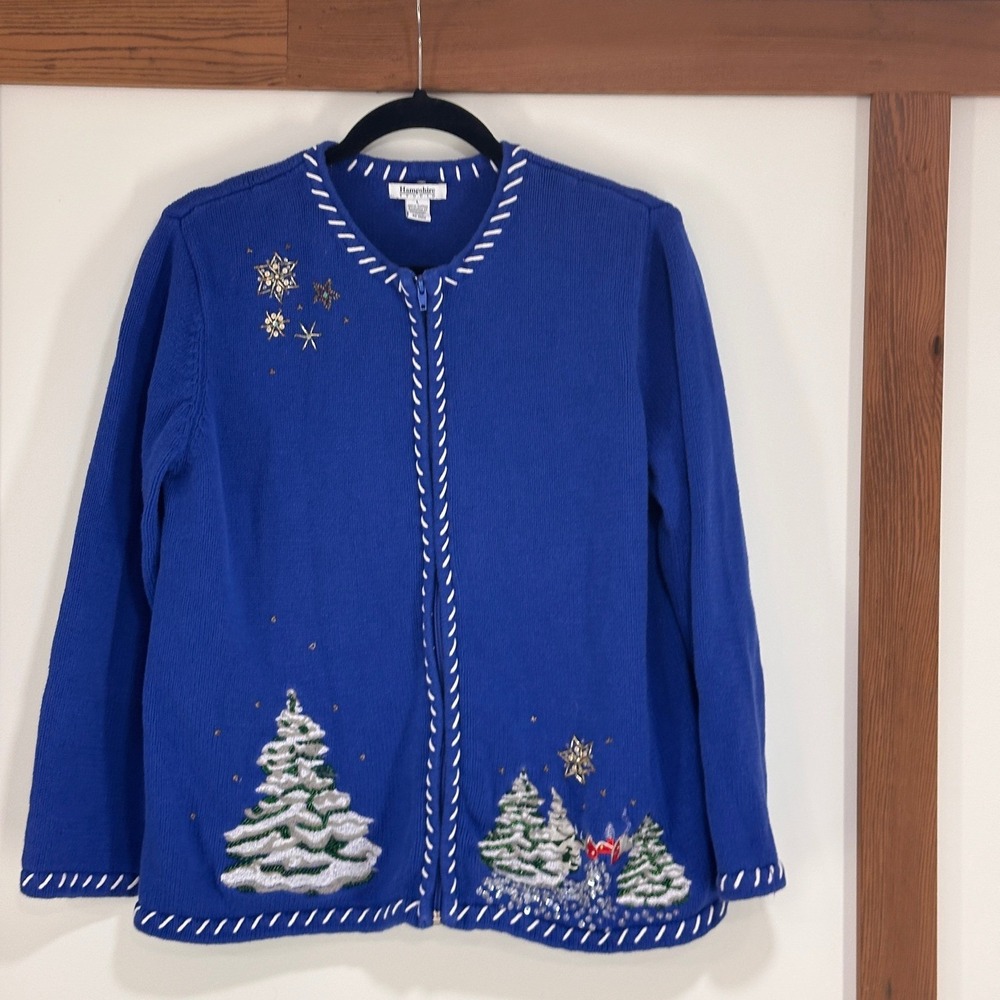 Hampshire Studio Blue Christmas Tree Zipper Cardigan Sweater L Beaded Holiday